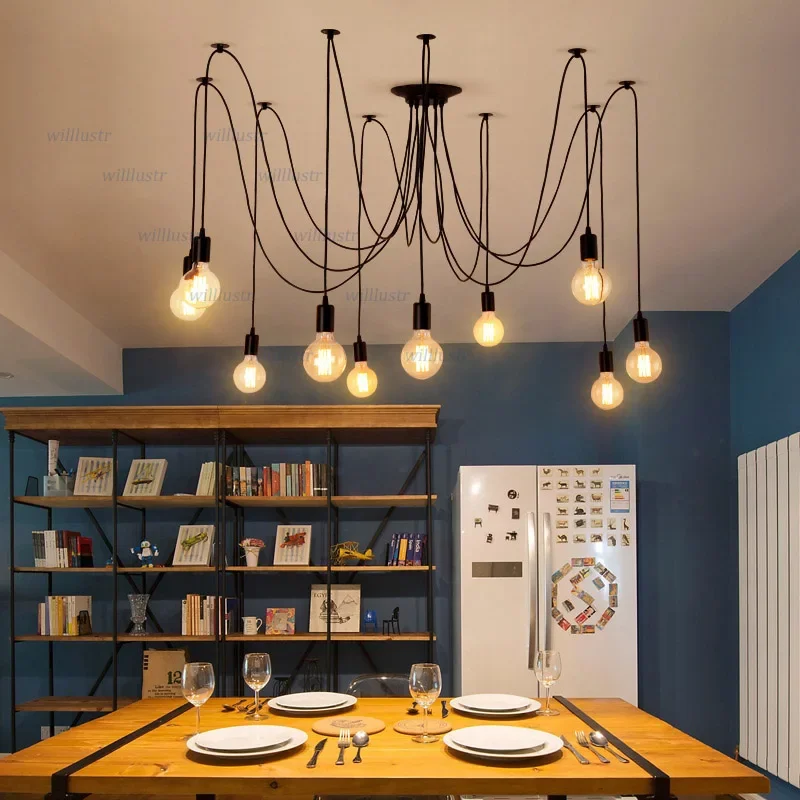 Creative Cable Pendant Lamp Industrial Black White Cord Hanging Light Hotel Office Cafe Bar Spider Suspension Ceiling Chandelier