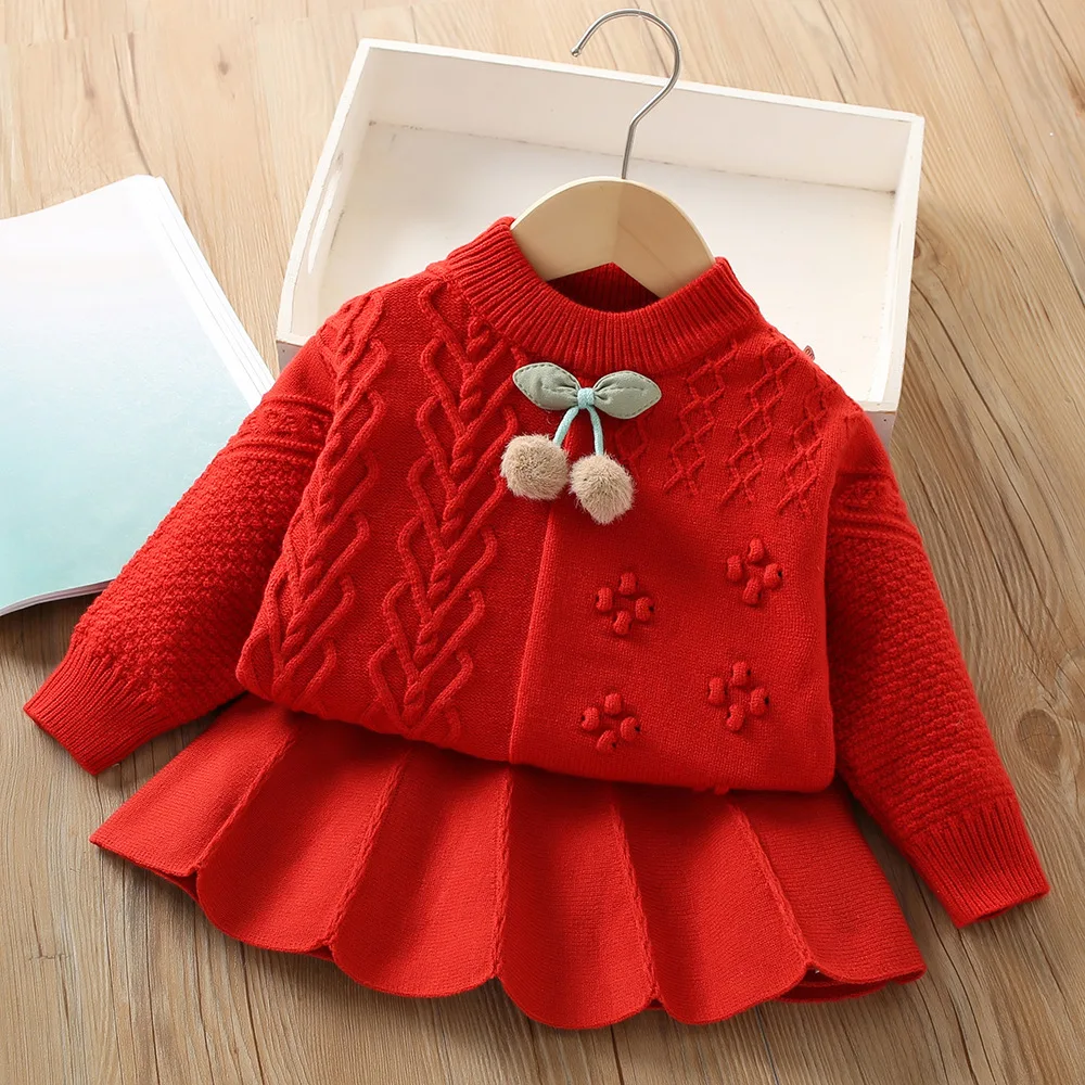 Girls Knitted Clothes Sets 2024 Spring Autumn Children Cweaters Coats Skirts 2pcs Dress Suit For Baby Party Costume Kids Outfits