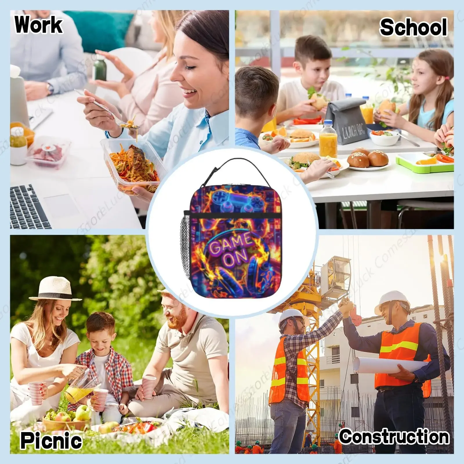 Ice and Fire Game and Headphones Tote Lunch Box Bag For Kids Teen Boys Girls Insulated Lunch Boxes For School Travel Work Picnic