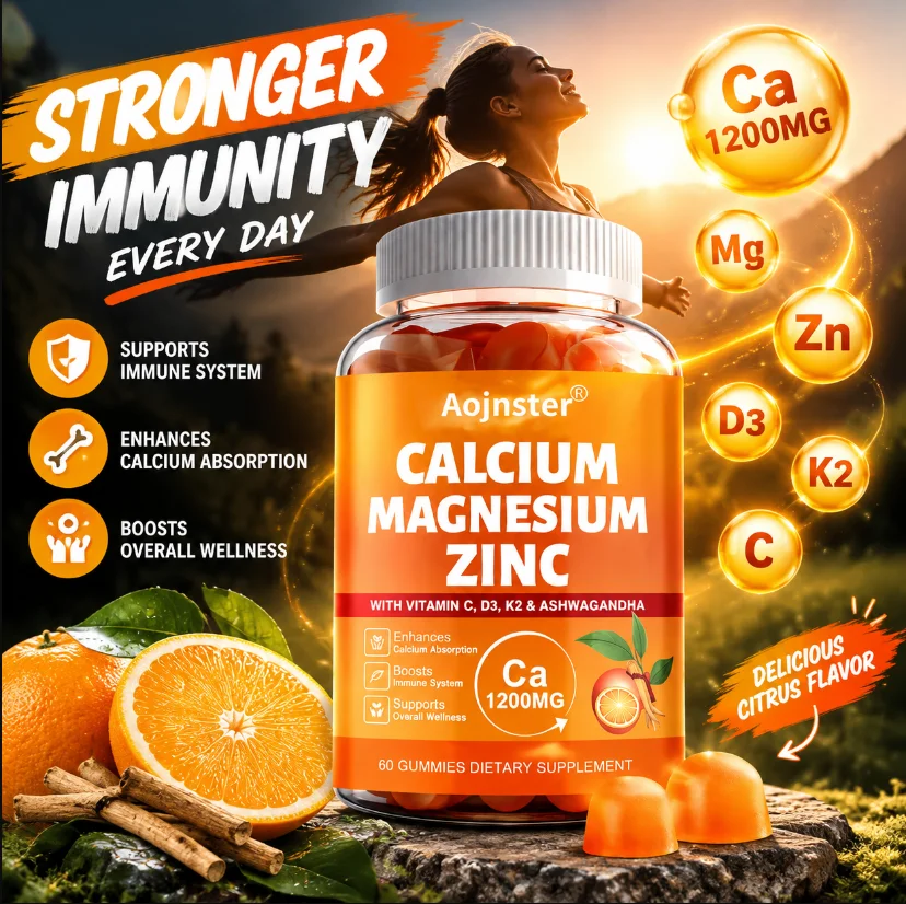 Calcium Magnesium Zinc 1200mg Gummies with Vitamin C D3 K2 Ashwagandha, 60 Gummies for Adults Daily Wellness Support