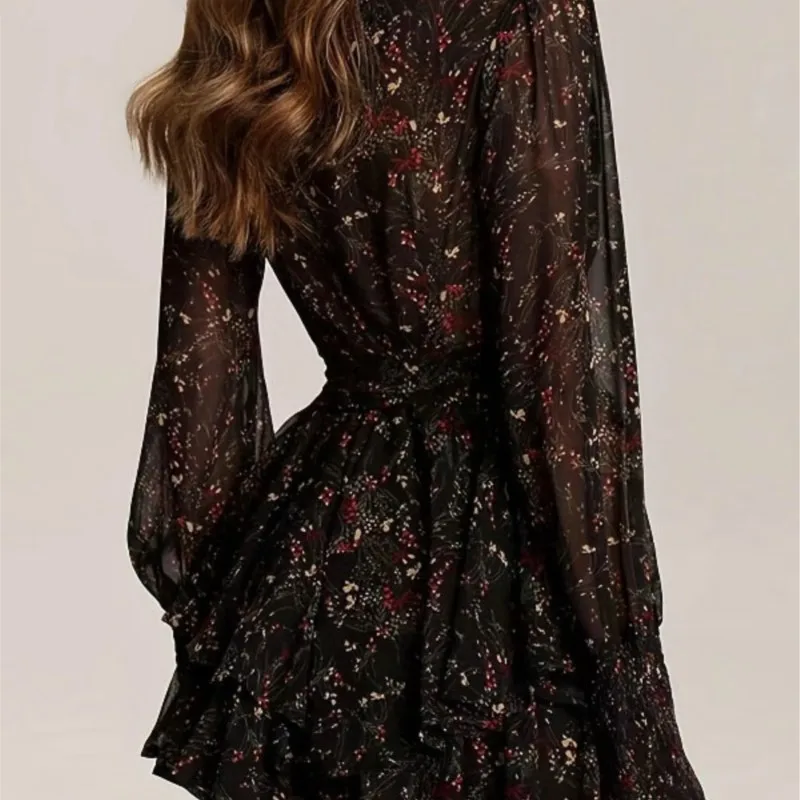 Half High Collar Mini Dress Perspective Long Sleeve Belt Floral Print A-Line Ruffle Hem Women Dress Casual Clothes