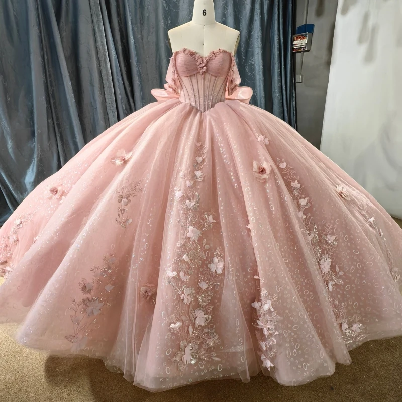 

Pink Shiny Ball Gown Quinceanera Dresses Off The Shoulder Applique Flower Tull Beading Bow Corset Party Birthday Sweet 16 Dress