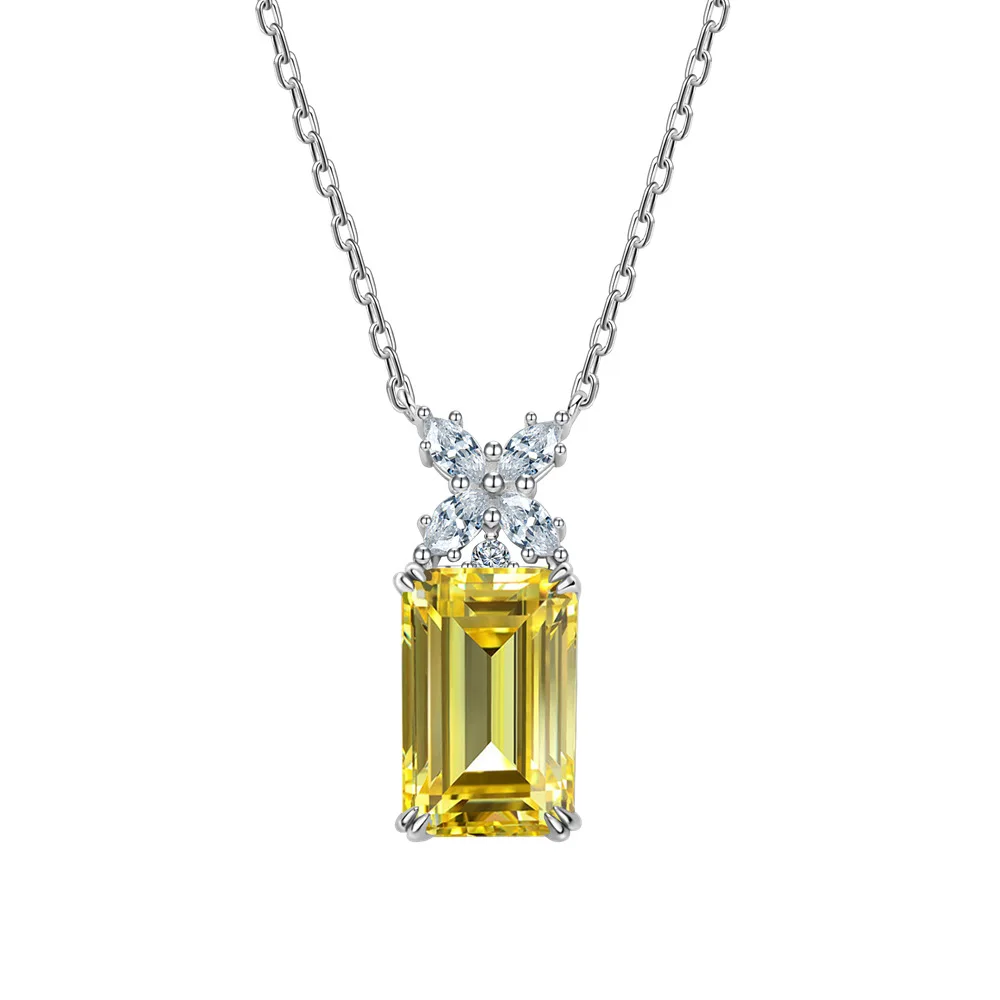 Fashionable and Versatile Rectangular Car Flat 8 * 12mm Yellow Diamond Necklace for Women's 925 Sterling Silver Collarbone Chain