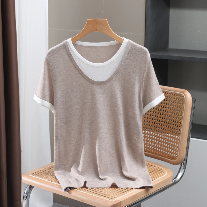 2025 Summer New Style Fake Two piece Color blocked Short Sleeve Women's Thin Style Fine Imitation Wool Knitted Sweater Loose