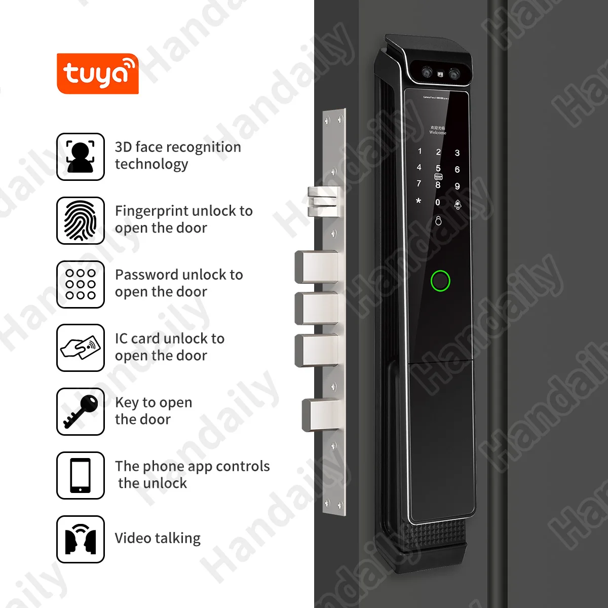 HanDaily Video Intercom Palm Digital Electronic Locks Face Recognition Fingerprint Password Smart Lock with Card for Front Door