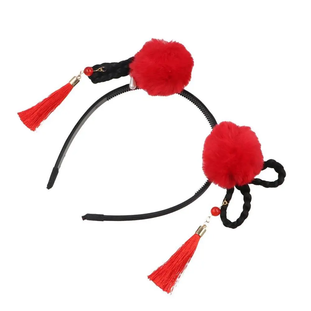 

Cute Elastic Pigtail Wig Tassel Flower Pearl Bow New Year Headress Hanfu Hair Hoop Chinese Style Hair Band Children's Headband