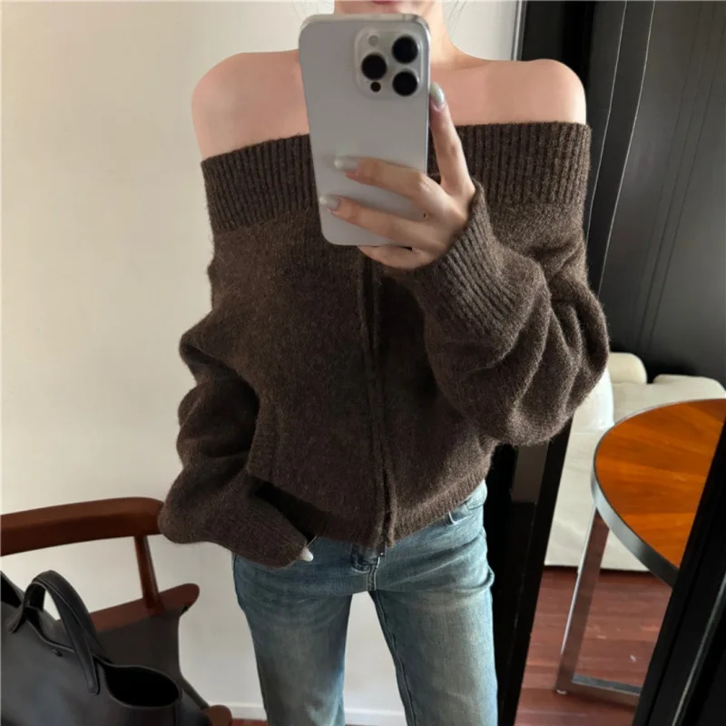 DSMTRC Cardigan Zip Up Knitted Off Shoulder Sweater Jacket New Women's Off-the-Shoulder Sweater Teen-girl Fall Winter Y2K Outfit