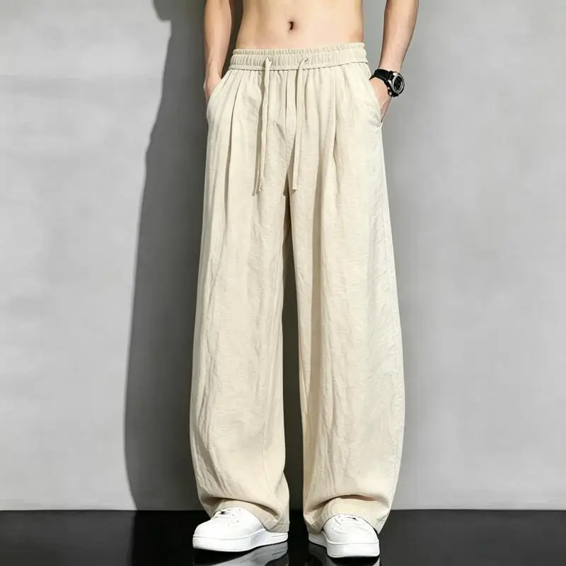 Men's Wide Leg Pants Summer Loose Fit Elastic Waist Casual Trousers Plus Size Drawstring Solid Color Streetwear Long Bottoms 5XL
