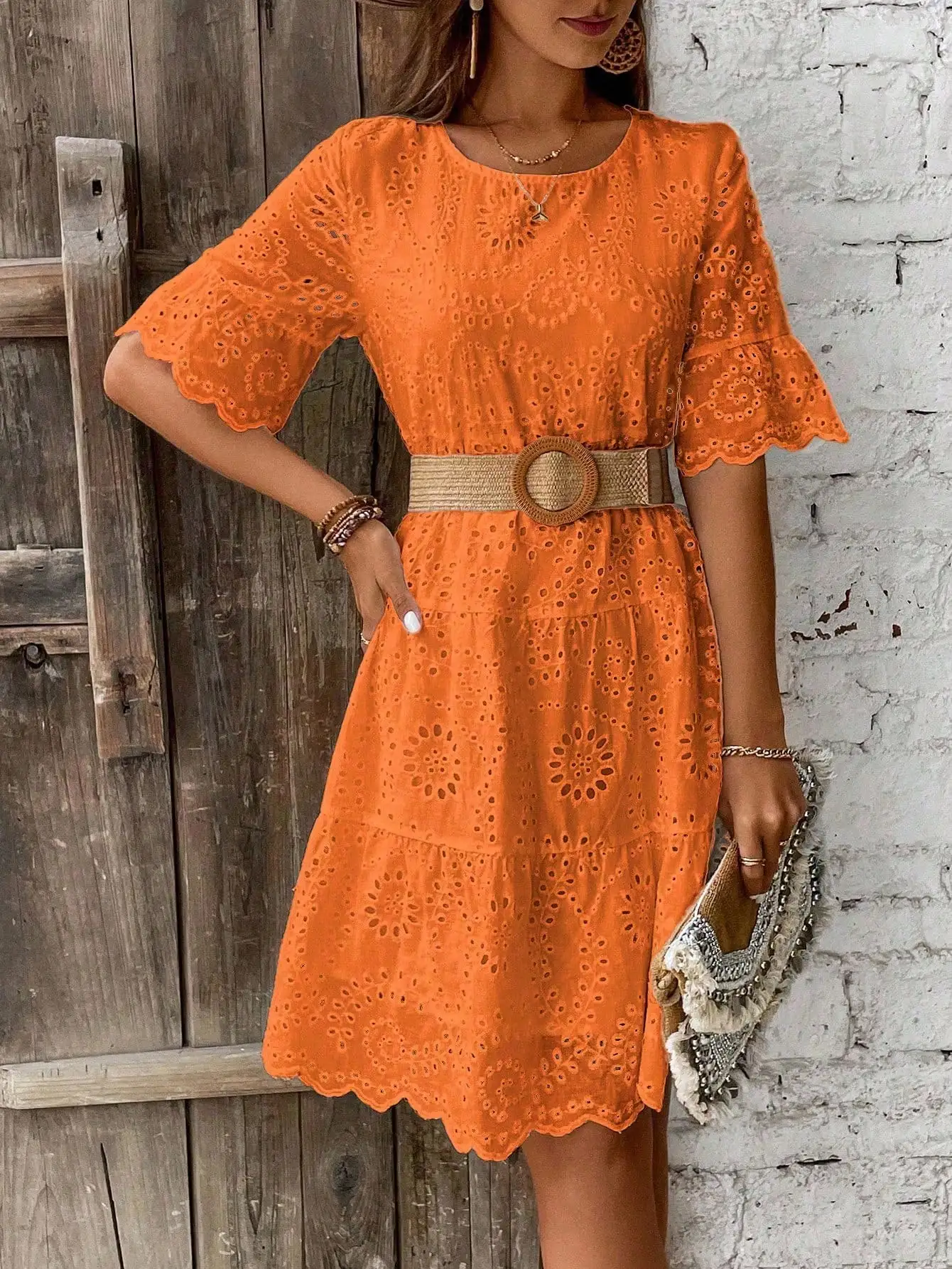 

Women's Casual Summer Hollow Out Embroidered Tiered Dress With Flare Sleeve