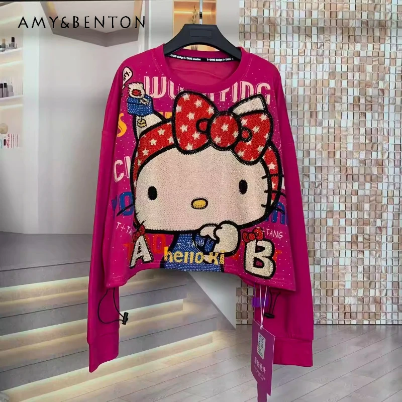 

Trendy Brand Autumn New Fashion Heavy Industry Hoodies Jacket Rhinestone Age-Reducing Cartoon Loose Short Round Neck Sweatshirts