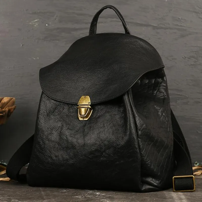 Genuine Leather Women Backpack Pure Color Fashion Medium Female Bag Vintage Casual Travel Rucksack Soft Handle Satchel Tote