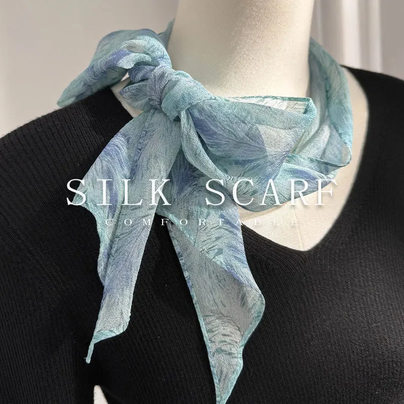 

Корейская версия, легкий и дышащий шарф из 100% шелка для женщин, универсальный дизайн, длинный тонкий мягкий шарф, декоративная повязка на голову