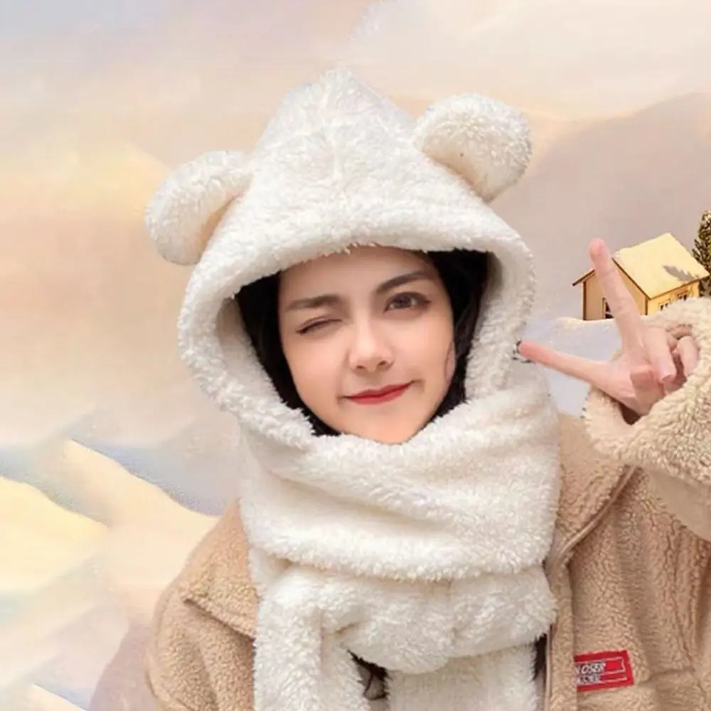 Neck Warmer Thickened Hat Scarf Gloves Set Cute Bear Ear Winter Warm Women Beanies Caps Solid Color Integrated Cap Scarf Girls