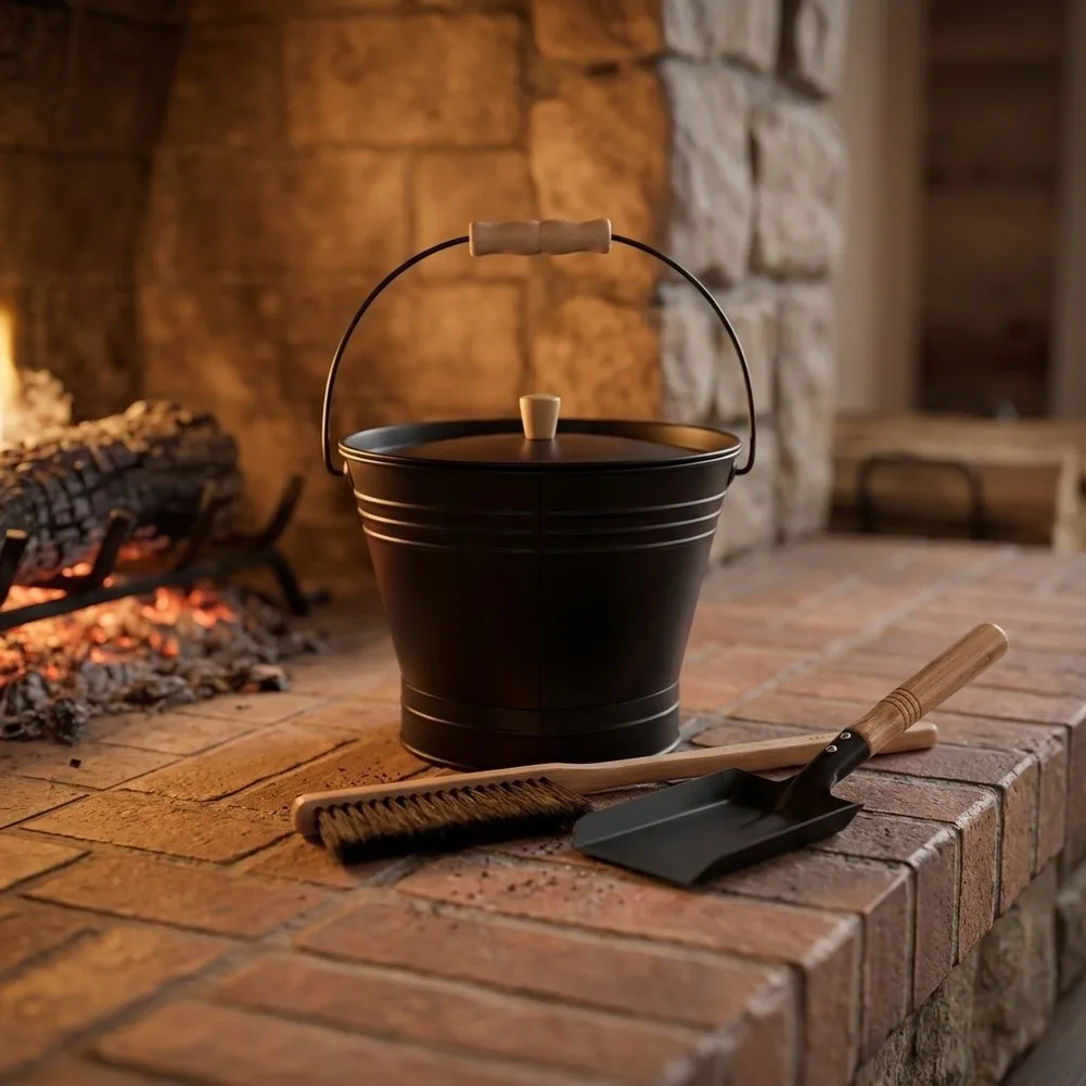 Galvanized Iron Fireplace Ash Bucket With Lid, Shovel & Brush Ash Can For Indoor Wood Stoves And Outdoor Fire Pits Cleaning