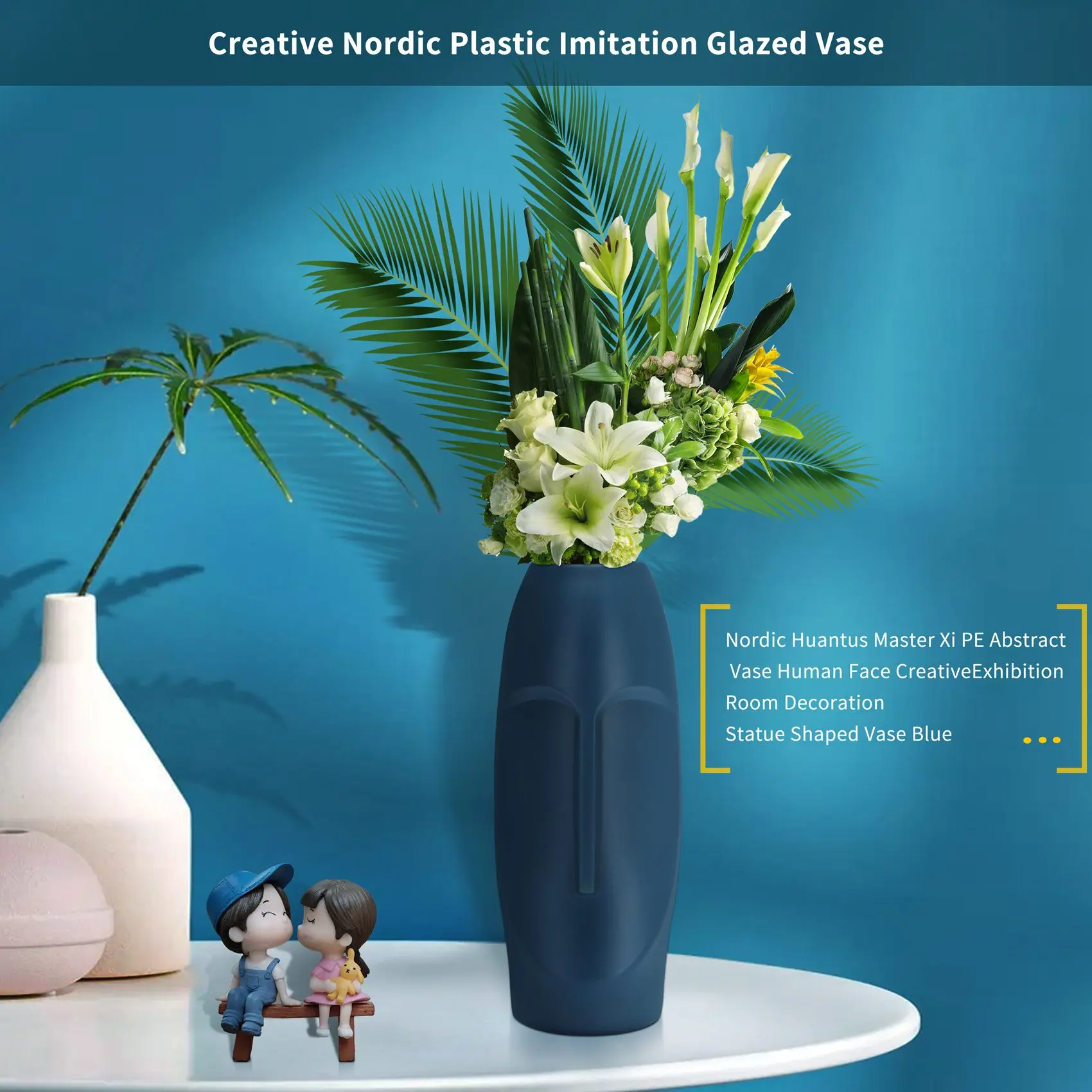 Nordic Minimalist PE Abstract Vase Human Face Creative Display Room Decorative Figue Head Shape Vase-Blue