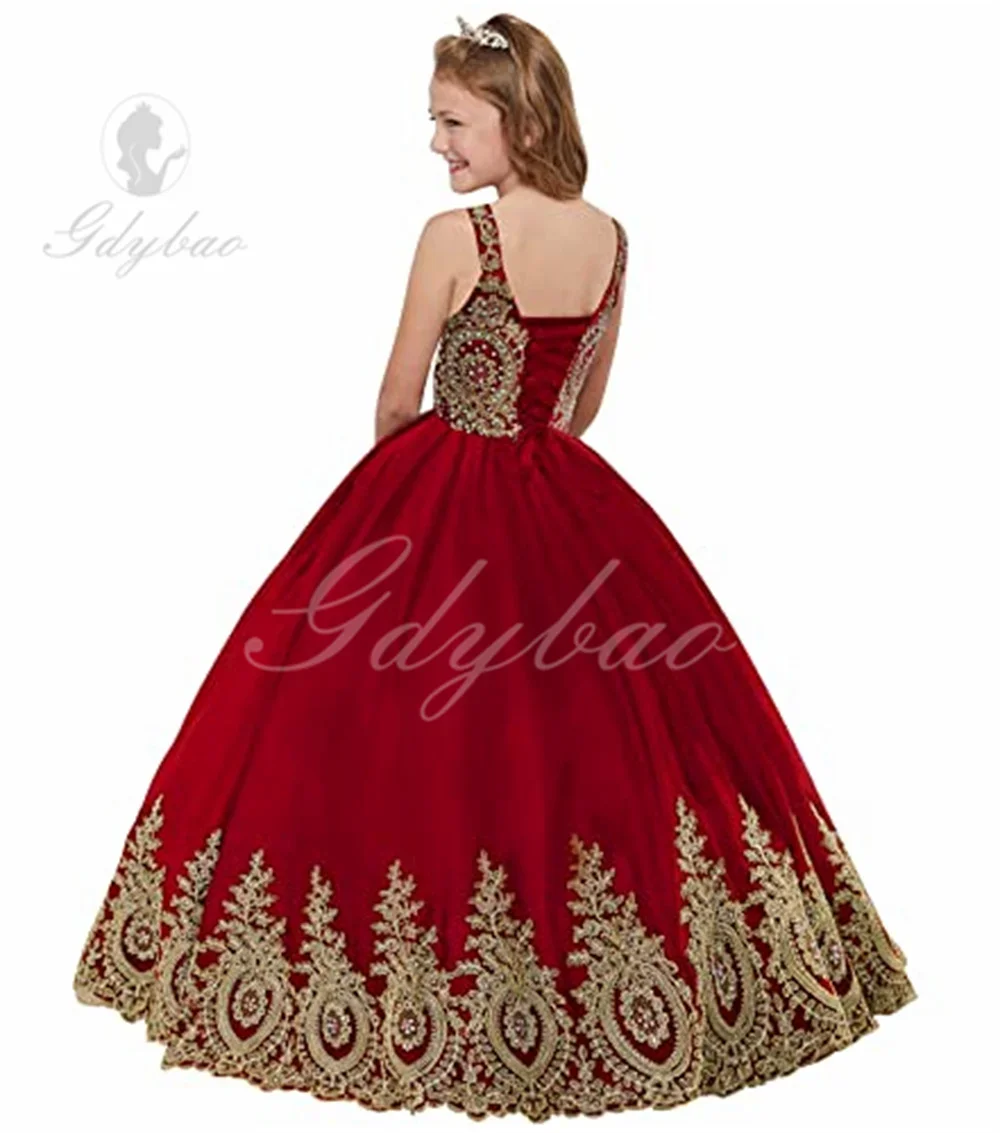 Apliques de ouro sem mangas frisado vestido de baile para menina, vestidos luxuosos para casamento e aniversário, primeira comunhão sagrada, florida