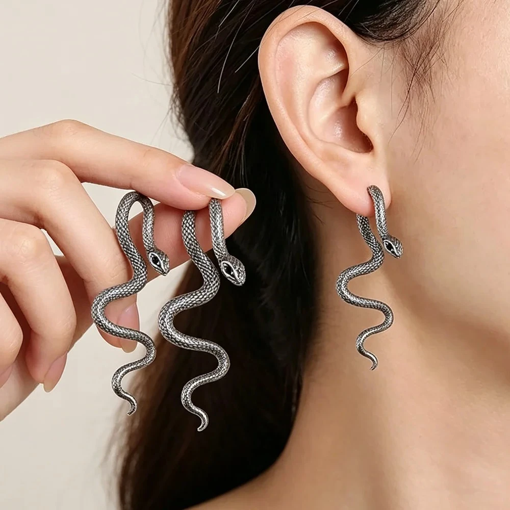 Retro Snake Stud Earrings Gothic Punk Split Splicing Design Unisex for Men Women Biker Party Festival Daily Gift