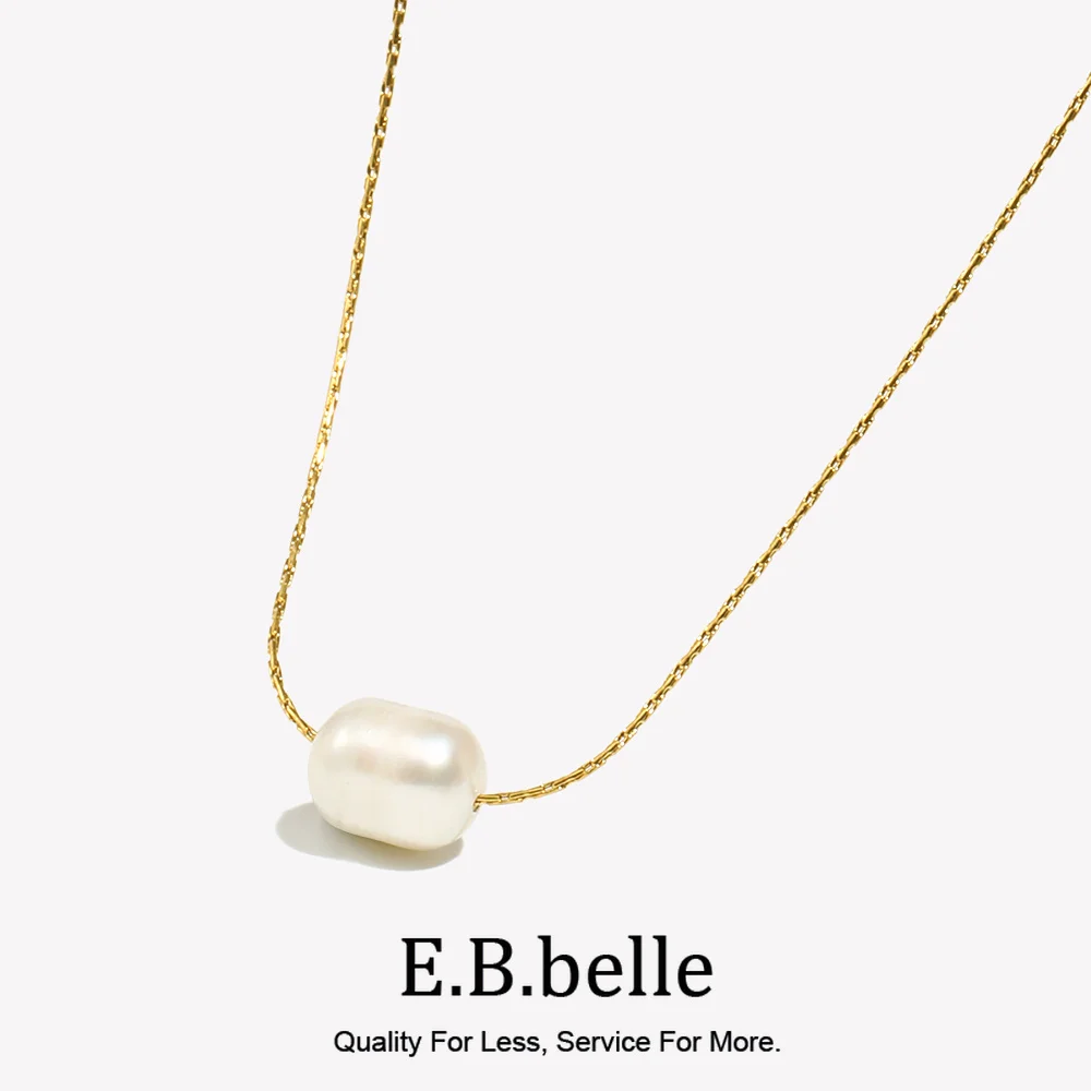 E.B.belle Minimalist Freshwater Pearl Fine Chain 18K Gold Plated Pendant Necklace 316L Stainless Steel Accessories