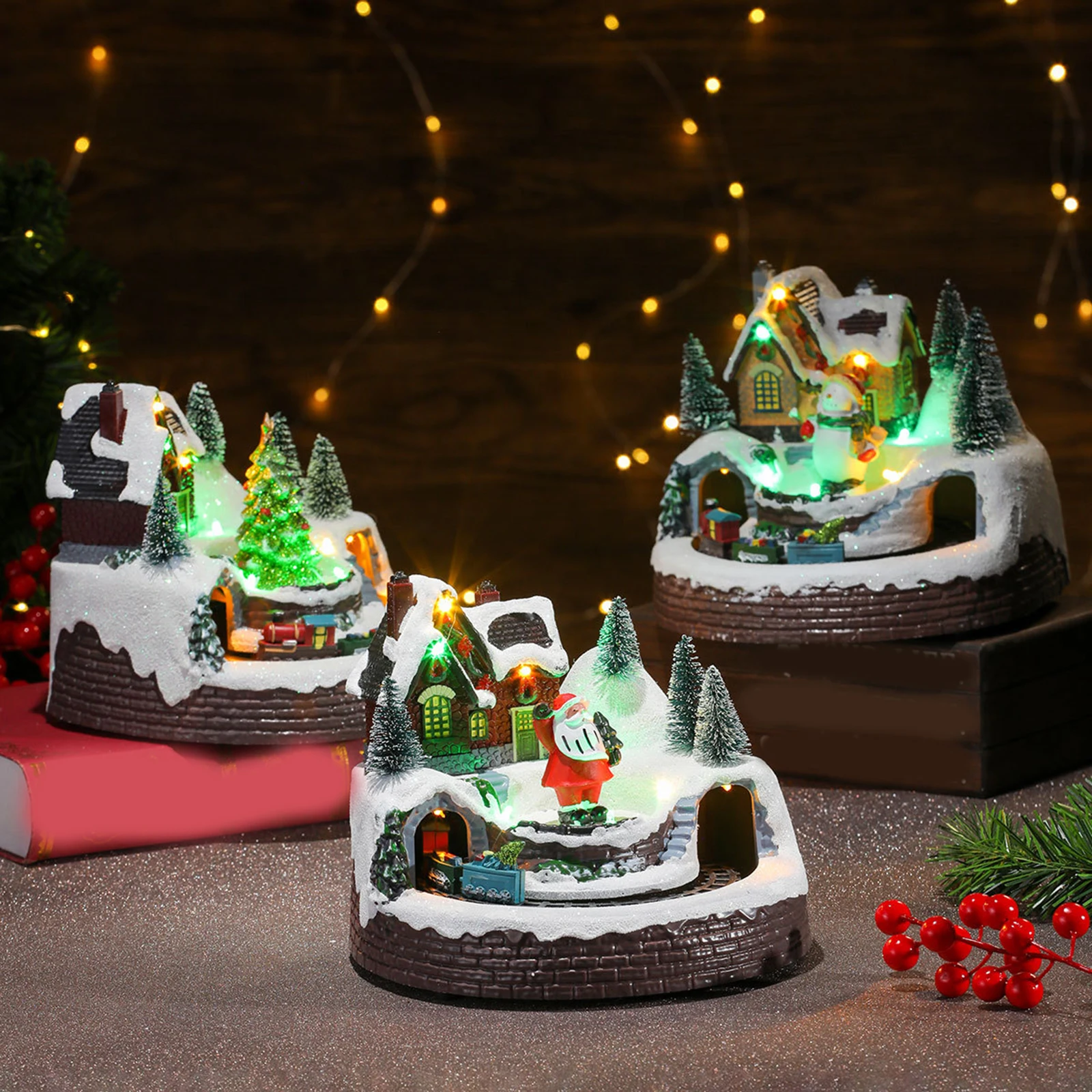 Christmas Scene Village House Figurine Colorful LED Lighted Musical Fountain Home Decoration for Xmas Desktop Bedroom Ornaments