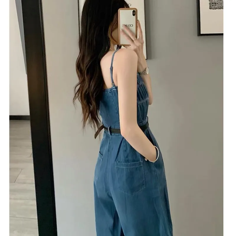 Women\'s 2024 New Summer Denim Romper Camisole Slimming And Fashion Korean Style Wide Leg Long Pants Corset Jumpsuit For Women