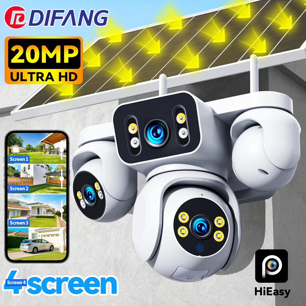 

DIFANG 4 Screens AOV Wireless Solar Surveillance Camera 16X Zoom 24/7 Record Solar CCTV 20MP 20W 4G Sim Card Solar IP Cam