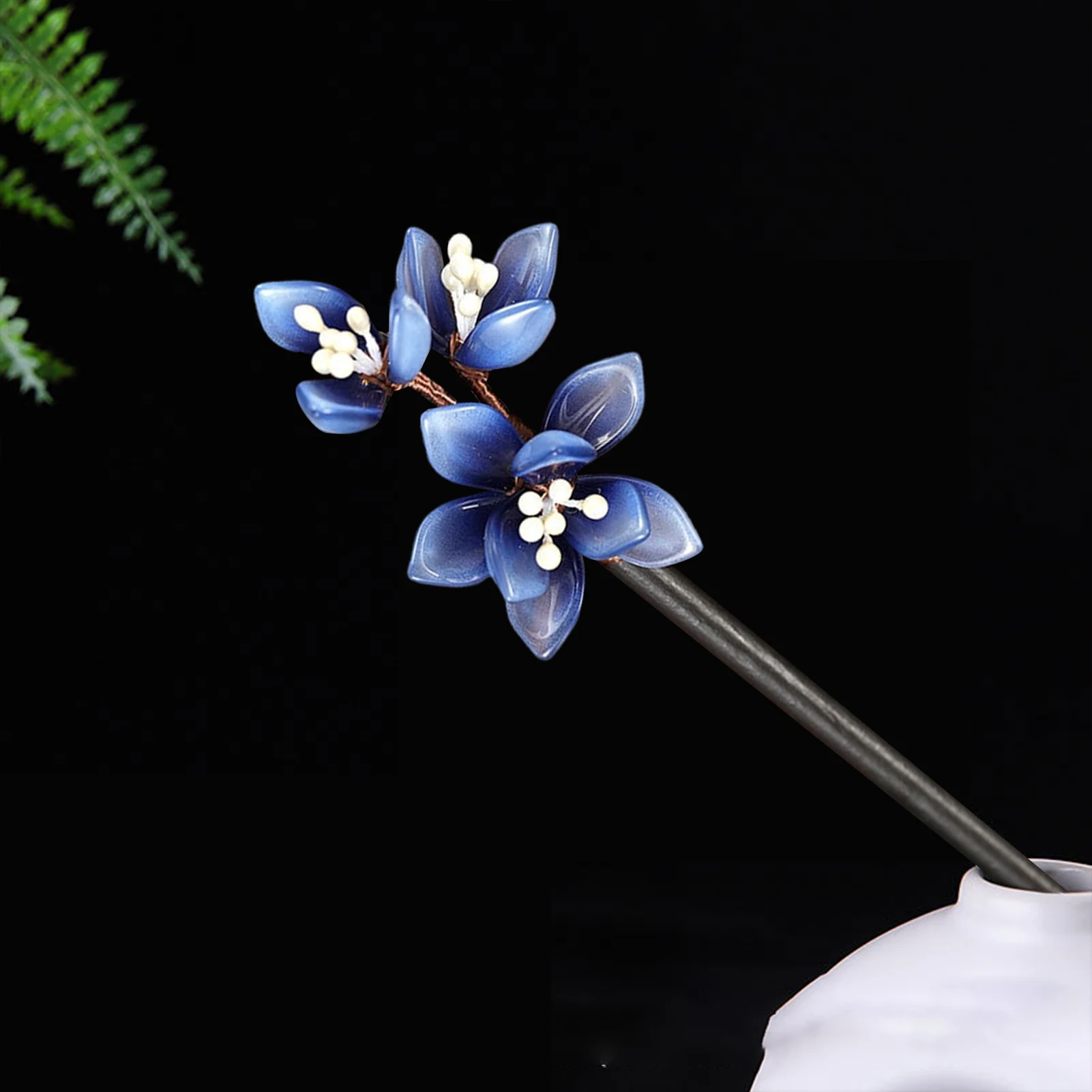 Bastoncini per capelli in legno Forchette Sfumatura di colore blu Disegni di fiori Bacchette cinesi retrò Stile Forcine Clip laterali Copricapo da donna