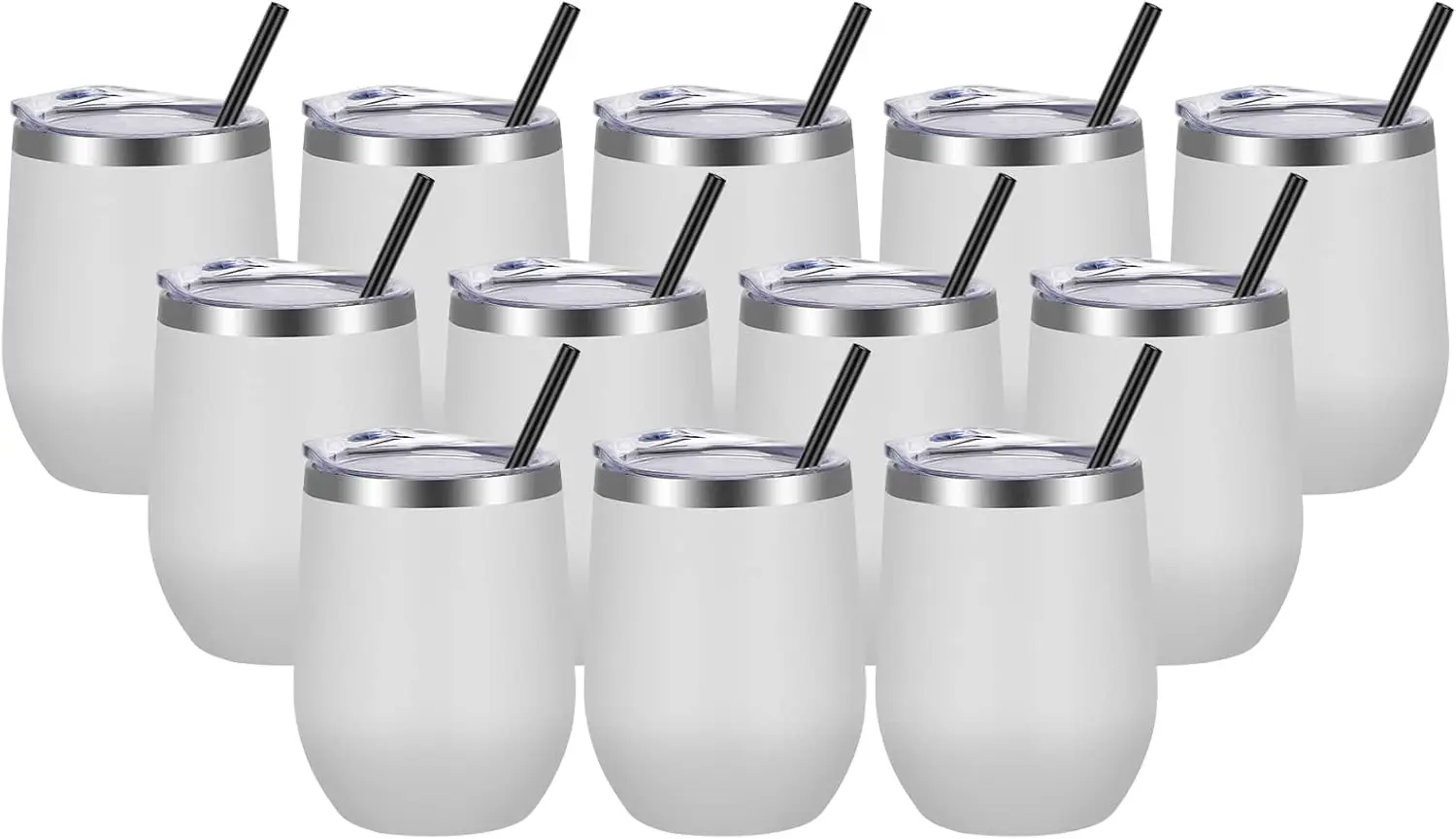 

12-Pack Stainless Steel Insulated Wine Tumblers with Lids and Straws, 12oz for Hot/Cold Drinks