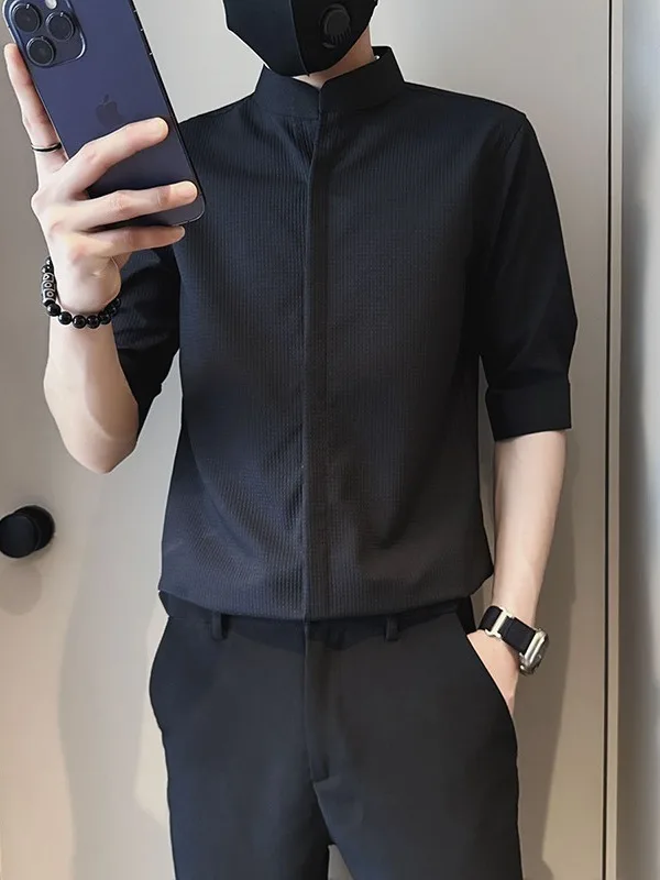 

High-End Men's irt Stand Collar mid Sve Summer New Sle Haome ort Sve Casual irt Youth Faion Stand Fit