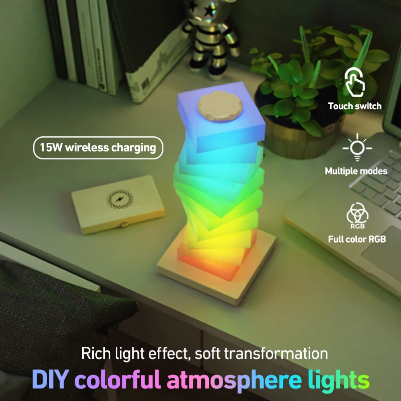 

RGB Desk Lamps Multi-function Bedside Night Light 15W Wireless Charger Creative Touch LED Table Lamp Shapes Chageable DIY Gift