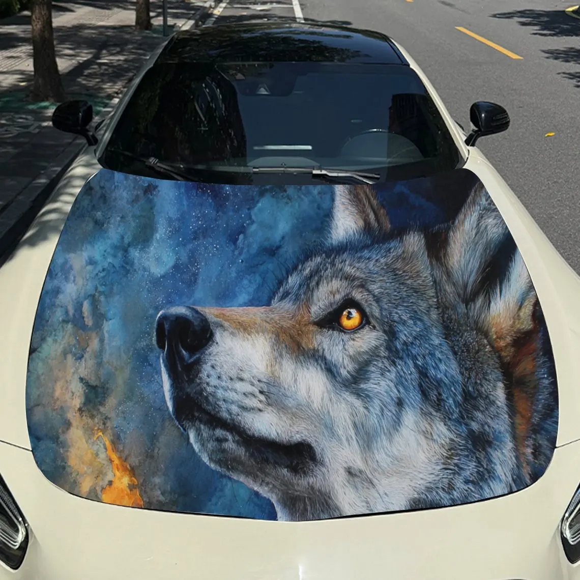 

Starry Sky Wolf Car Hood Sticker PVC Self Waterproof Stick, Striking Auto Exterior Accessories Decor Protect Gift for Car Lover