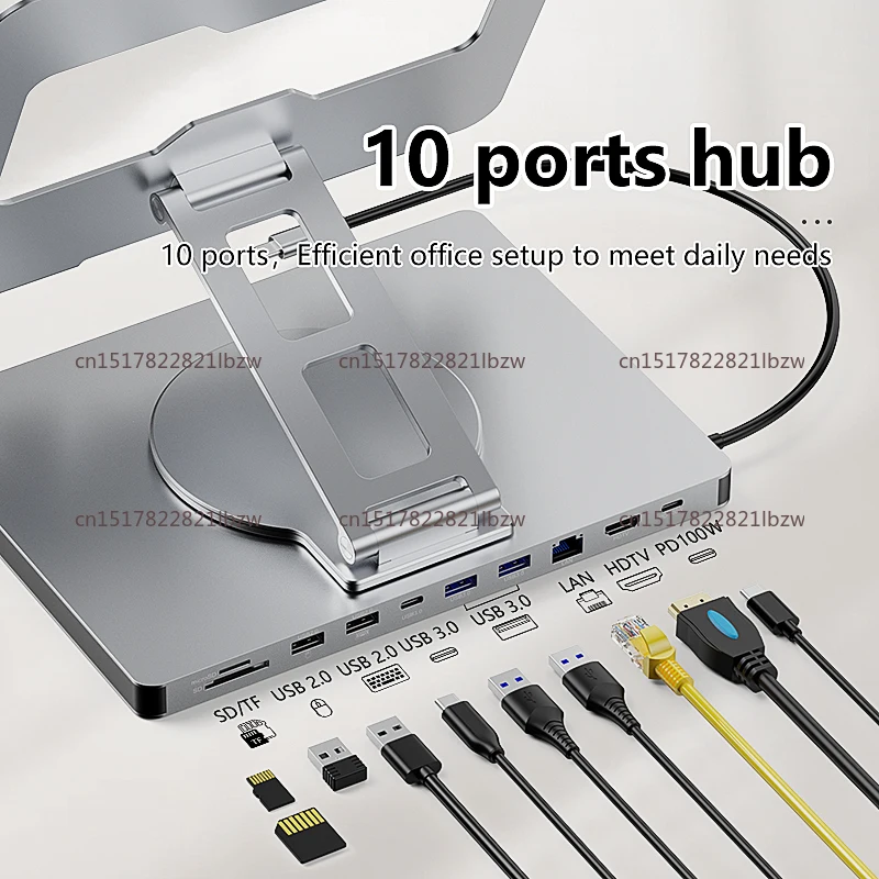 Aluminum 10 in 1 USB C Adapter Bracket Multi-port USB 3.0 Type C Hub 4K 60Hz High Definition TV Gigabit LAN 100W PD