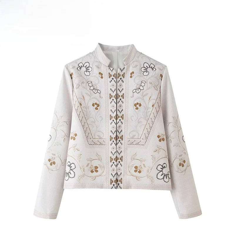 Fashionable Stand Collar Print Flocking Jacket Women's Short Outerwear Versatile Polyester Fiber Long Sleeve Zipper Closure