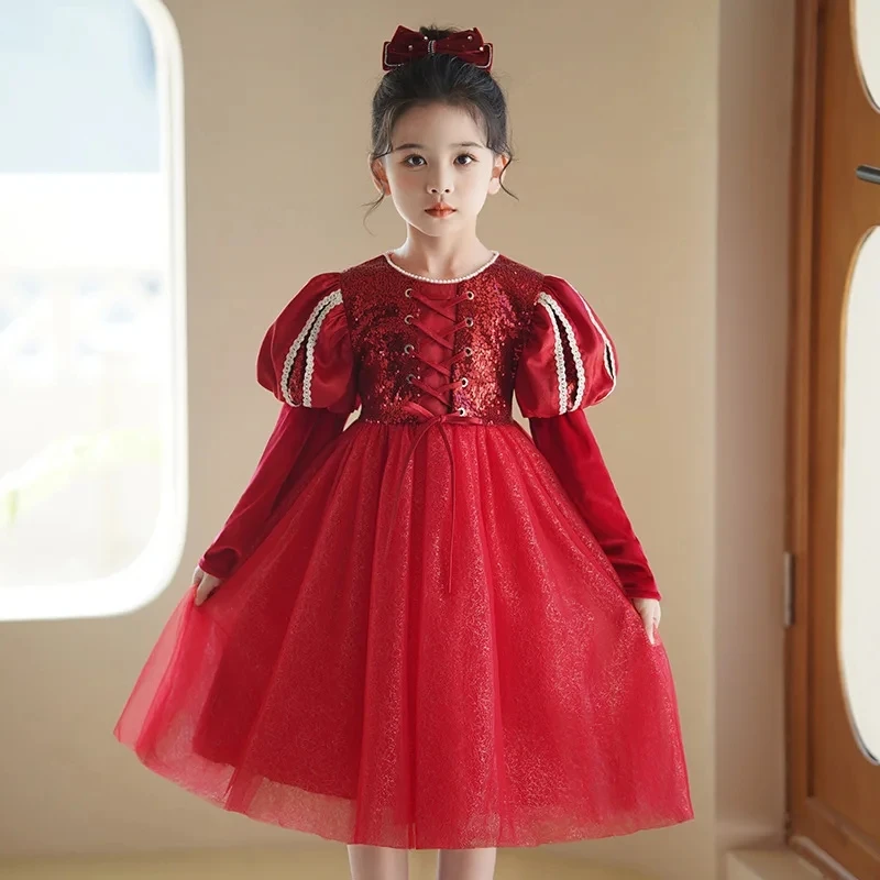 2024 Baby Girl Sequin Dress new year Christmas Party Princess Baby flower dress children's birthday party Sequin Communion Dress