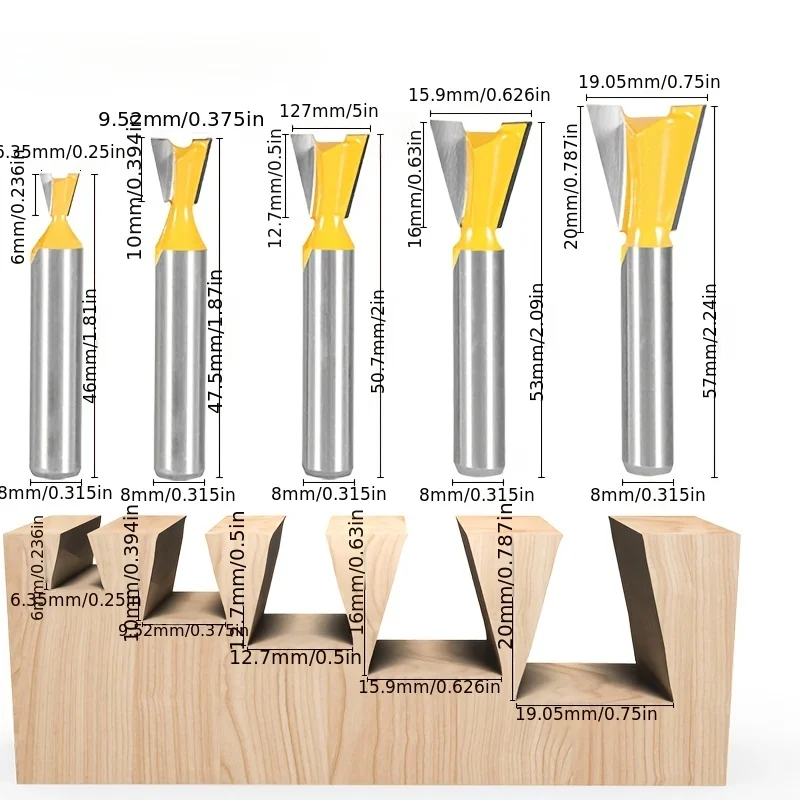 5-Piece Set of 8mm Shank Woodworking Router Bit, Small Dovetail Cutter, V-Groove Carving Cutter, Slotting and Grooving Tool