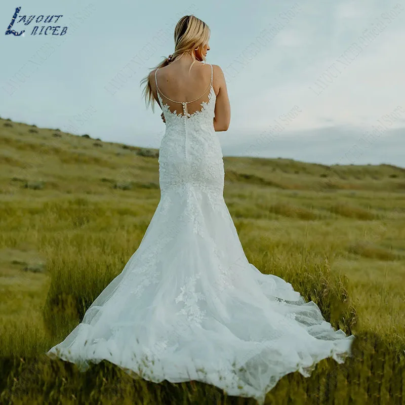 NICEB-vestido De novia De encaje con cuello en V, traje elegante De corte sirena con espalda abierta, apliques nupciales, diseño bohemio Vestido de Novia Sirena Boho Elegante Cuello en V  Vestido De Novia De Encaje Esp