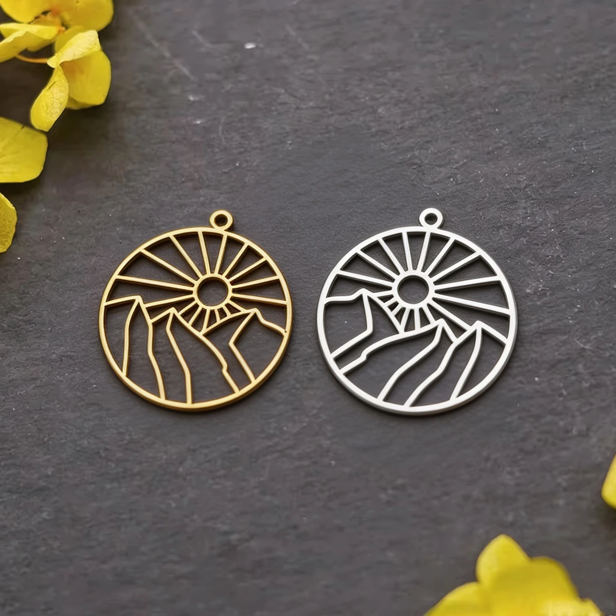 3pcs Mountain Sunrise Round Charms Stainless Steel Geometric Line Pendant for DIY Jewelry Making Necklace Earrings Findings