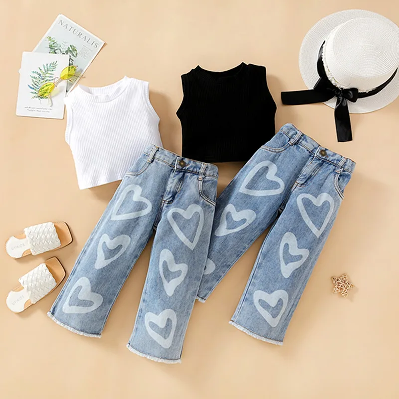 Fashion Kids Girls Clothes Suits Solid Color Ribbed Sleeveless Tank Tops Heart Print Jeans Denim Pants Grils Suit 2Pcs Set