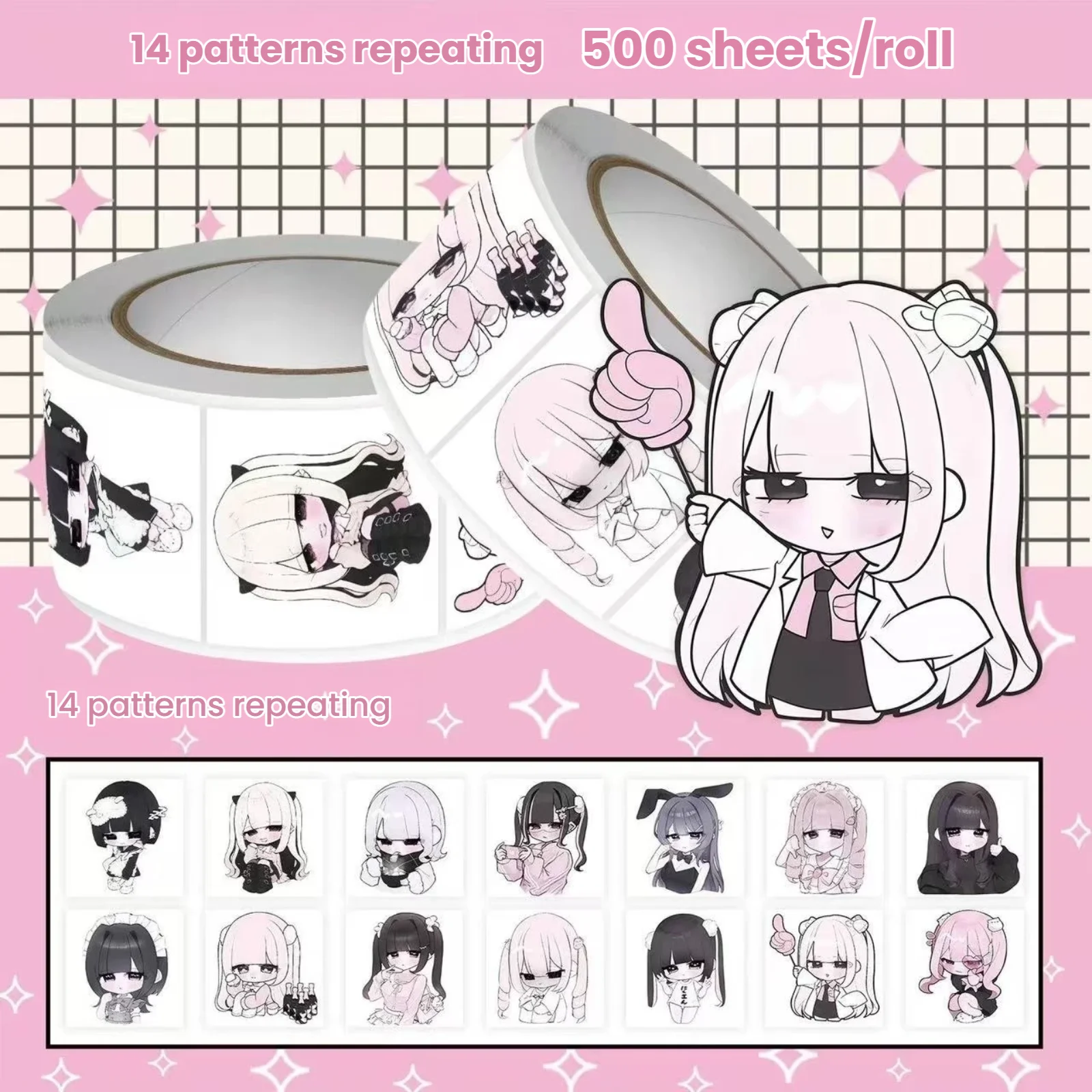 500 PCS Roll Stickers, 14 Designs, Kawaii Anime Girl Doll, Cute Cartoon Emojis Creatures for DIY Journals, Scrapbook, Planner