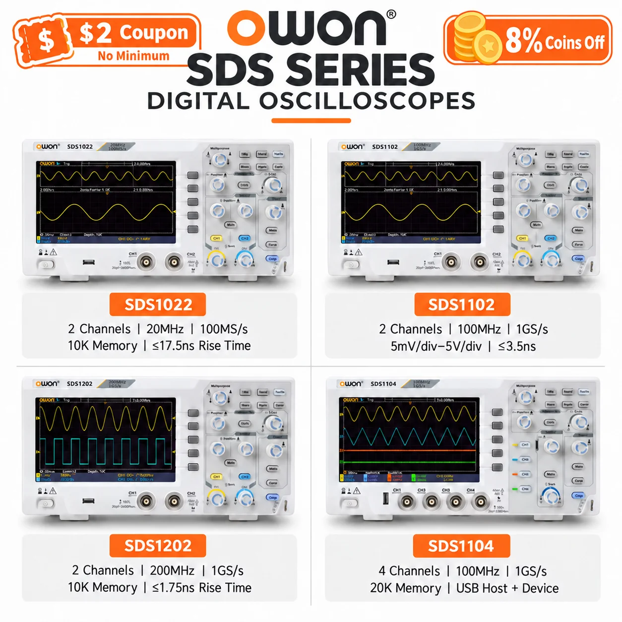 Digital Storage Oscilloscope 100Mhz - OWON SDS1022 SDS1102 SDS1202 SDS1104 デジタルストレージオシロスコープ