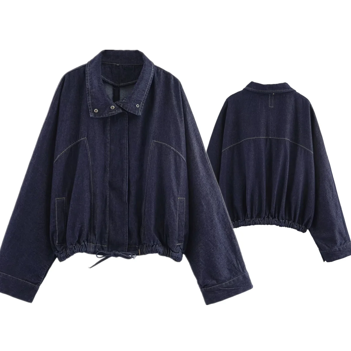 

Maxdutti Women's Bomber Jacket Minimalist Woman Clothes Tops Vintage Batwing Sleeve Drawstring Loose Denim Jacket Women