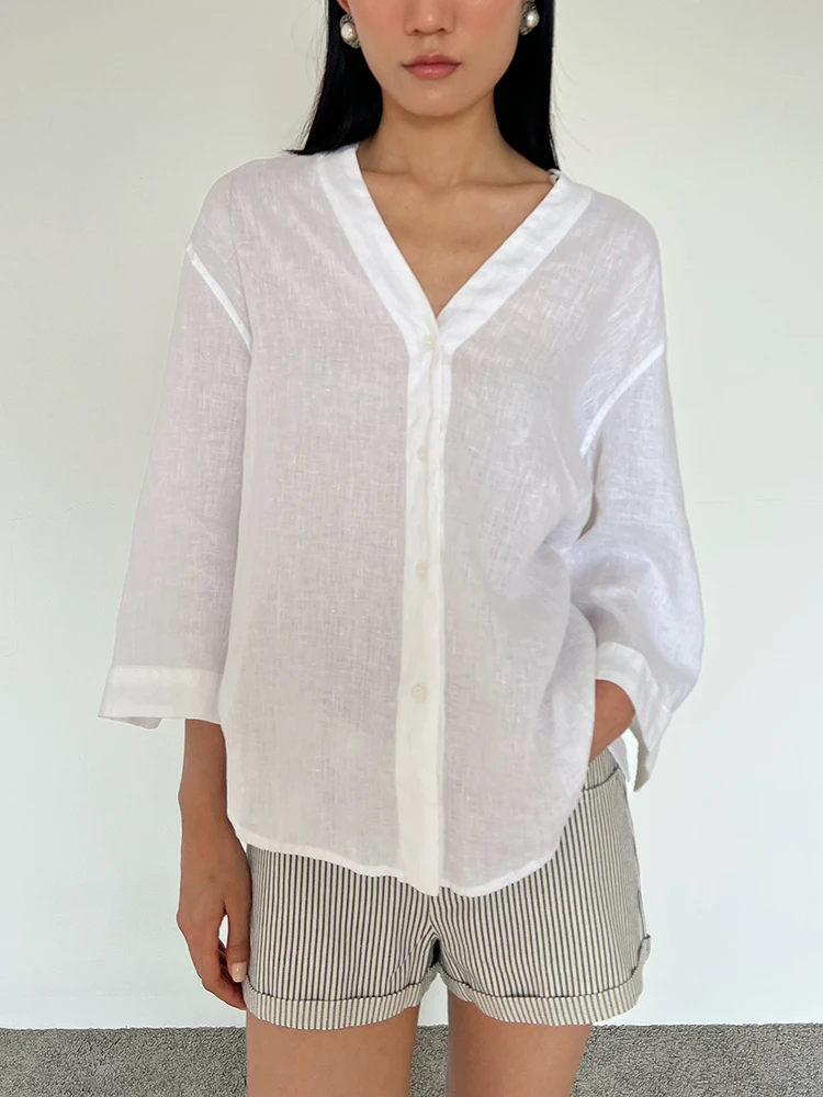 

HIGHLIFE Summer New Sle V-Ne Loose Linen irt French Sle Simple Aosphere Commuting irt for Women Skin-Friendly Bre...