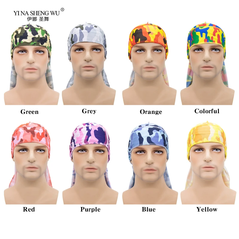 Groothandel Lange Staart Zijden Sjaal Moslim Tulband Durag Piraat Hoed Heren Hip Hop Durag Caps Camouflage Print Hoed Accessoires Bandana