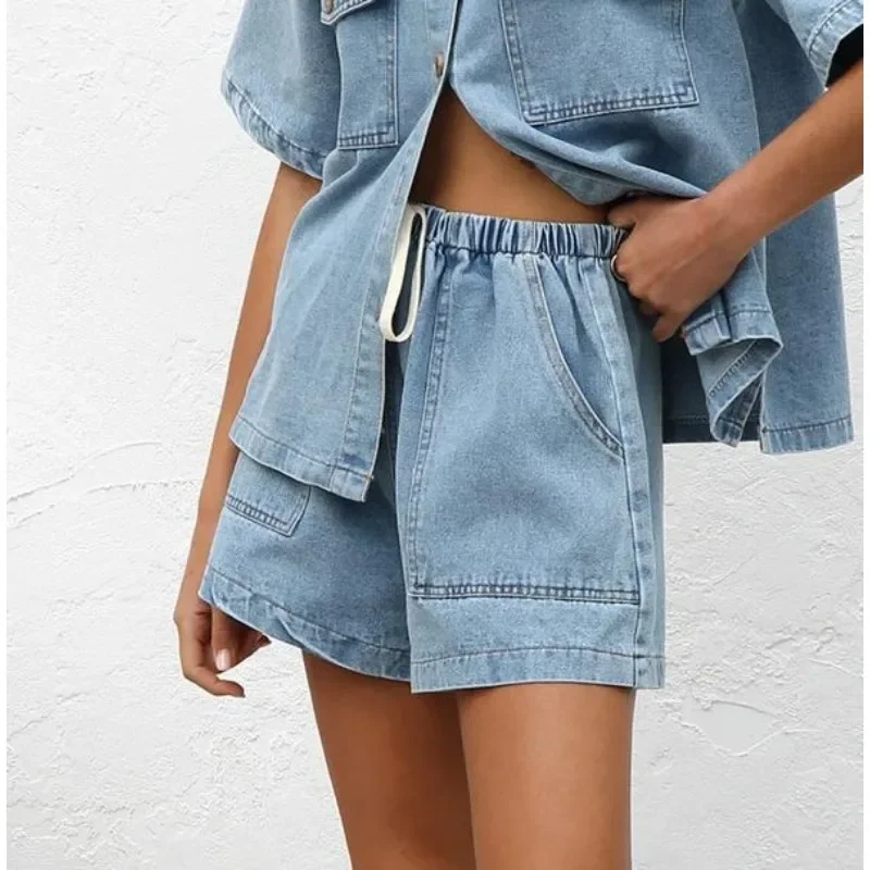 2025 Spring/Summer New Retro Casual Loose Pocket Short Sleeved Shirt, Shorts, Cowboy Set, Women's Sexy Spicy Pants Set