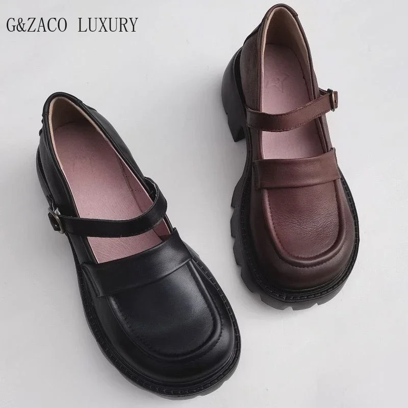 

Genuine leather Mary Jane muffins platform shoe retro Lolita genuine leather shoes latform 5.5cm wide women's shoes