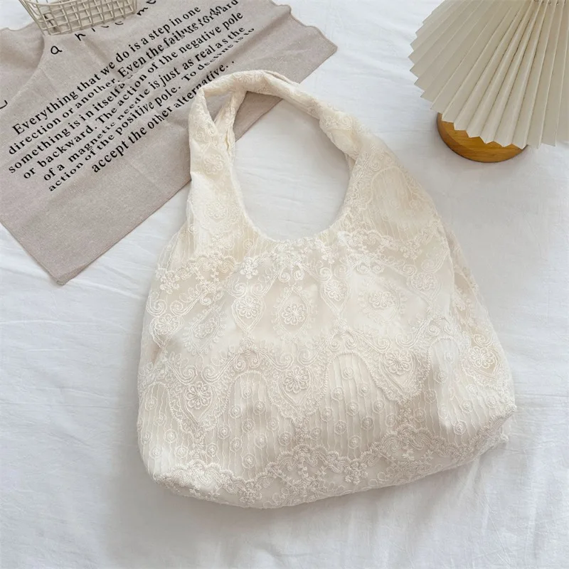 Cream Lace Fabric Shoulder Tote Bag, Floral Embroidered Large Capacity Soft Handbag for Shopping Daily Match Romantic Outfits