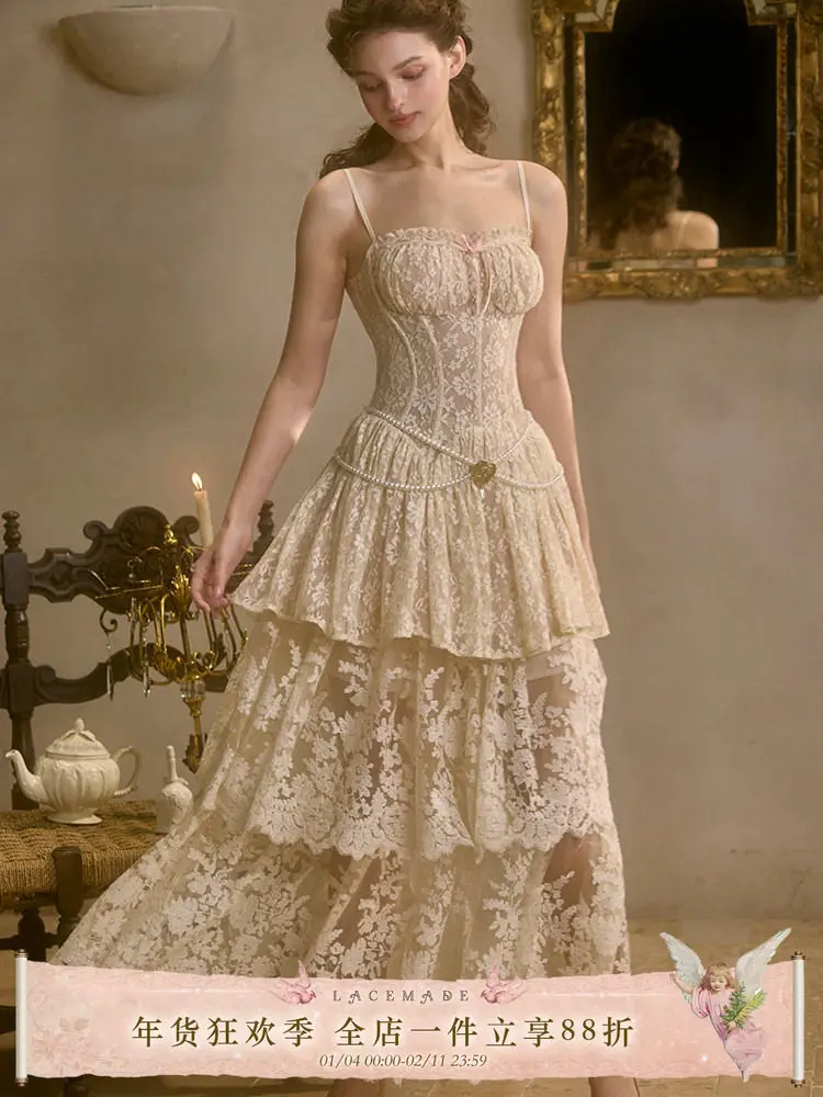 

LaceMade Moonlight Party Lace Dress France Elegant Sweet Heavy Made Spagetti and Long Skirt Fairy 2pcs Set Summer Apricot