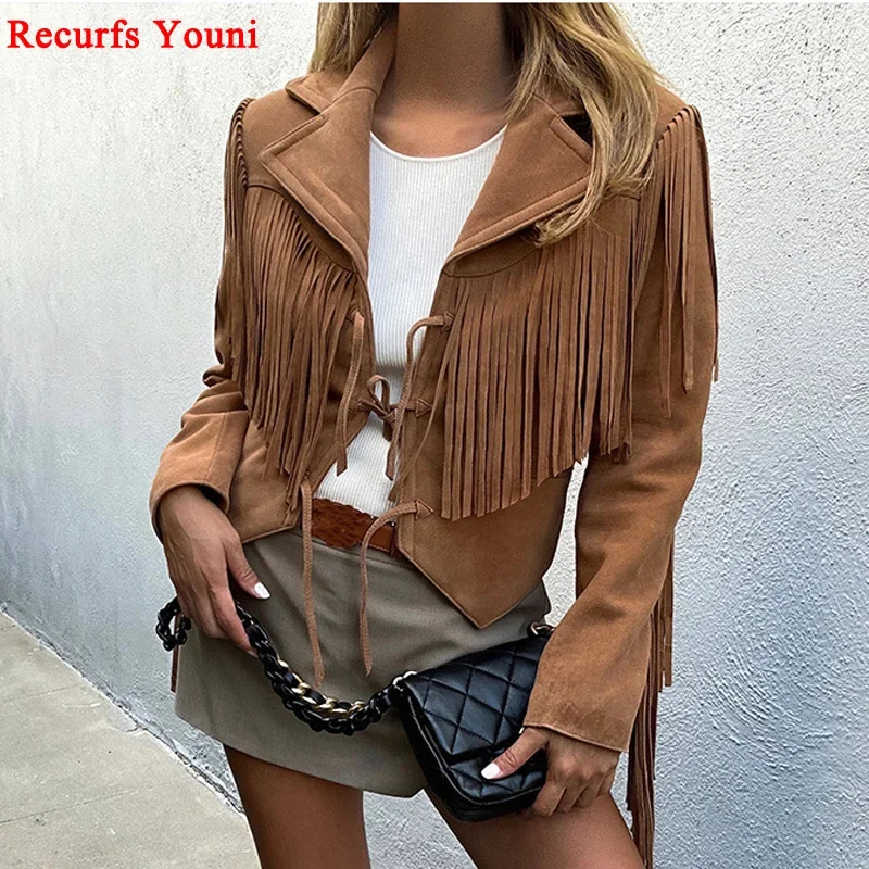 Motorcycle Tassel Short Jacket For Women Europe America Fashion Ceket Female Genuine Leather Suede V Shape Hem Large Lapel Coat