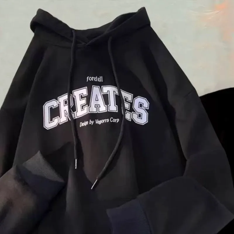 هوديي مطبوع عليه حروف أمريكية للربيع والخريف بنمط جديد فضفاض ومريح وبسيط ومتعدد الاستخدامات