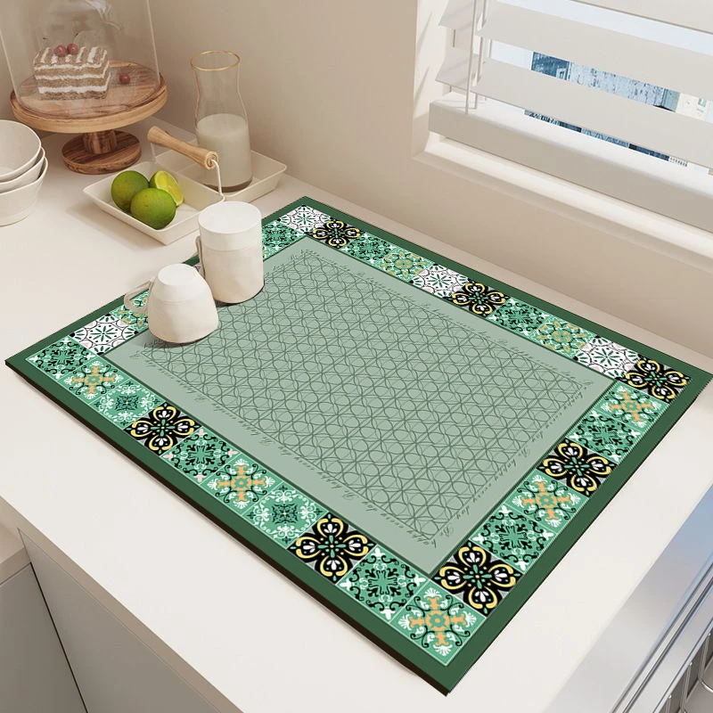 VIKAMA Kitchen Drain Mat Grey European Scroll PASSIONATE Print Kitchen Counter Mat Highly Absorbent Fast Drying Anti Skid