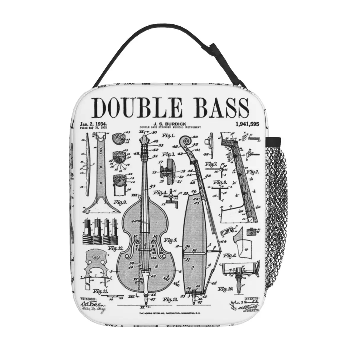Double Bass Player Bassist Musical Instrument Vintage Patent Insulated Lunch Bag for Women Children Food Boxes Thermal Lunch Box